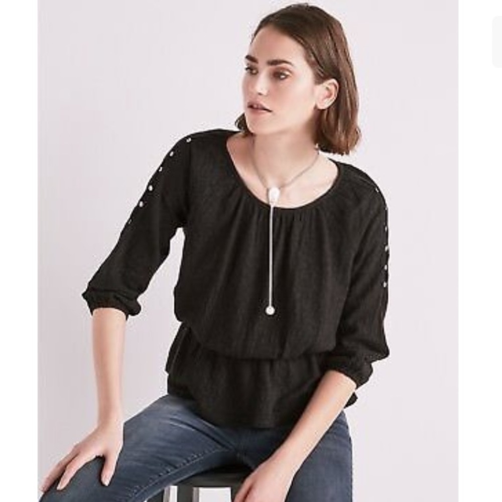 Lucky Brand Top S Black Jacquard Cold Shoulder Ruched 3/4 Sleeve Women’s NWT - Picture 1 of 11
